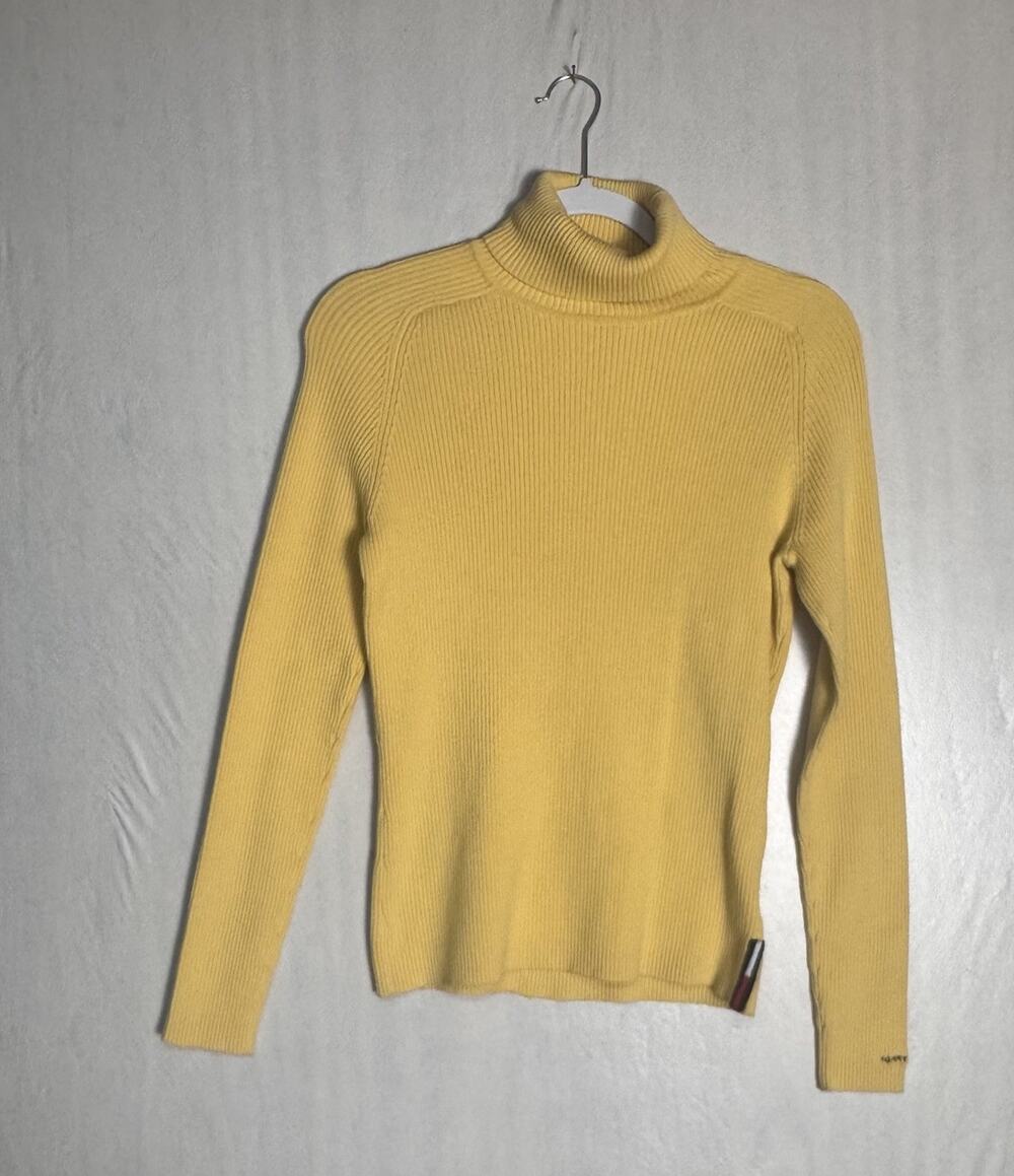 Tommy Hilfiger Womens Y2K Butter Yellow Ribbed Turtleneck Sweater 2000s Preppy M
